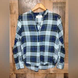 Trovata Birds Of Paradis Plaid Button-Up blouse Top Size XS Blue Green Women's